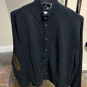 Black Button-Up Men's Sweater with Brown Elbow Patches